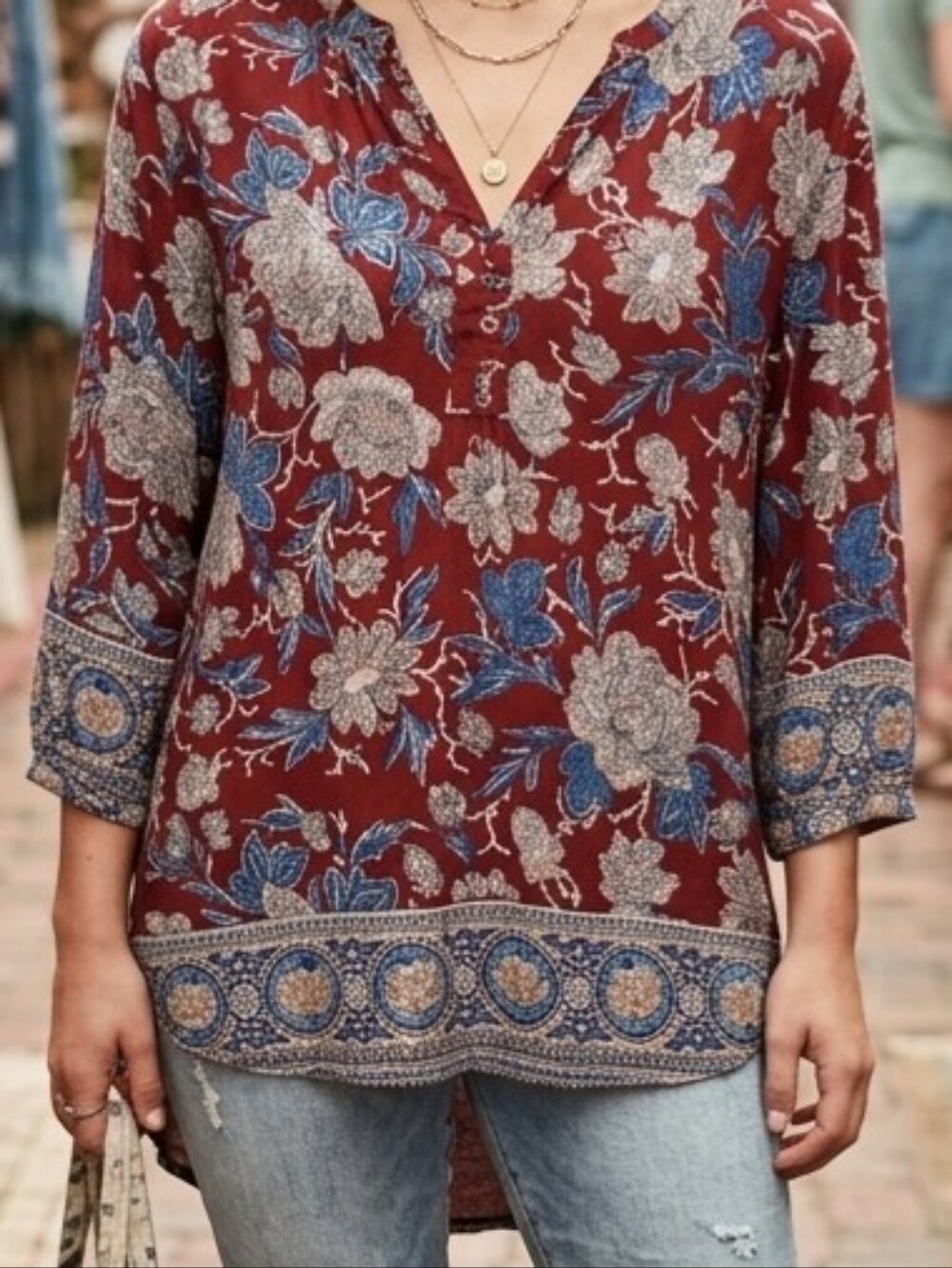 Lucky Brand Boho Floral Paisley Split V‑Neck Tunic Top